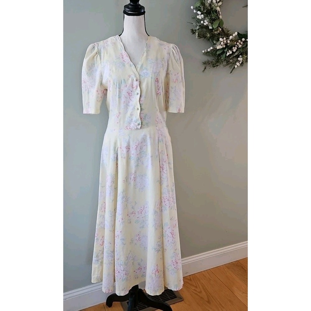Vintage Style Yellow Floral Puff Sleeve Midi Dress Pastel Tea Party Cottagecore - Picture 1 of 8